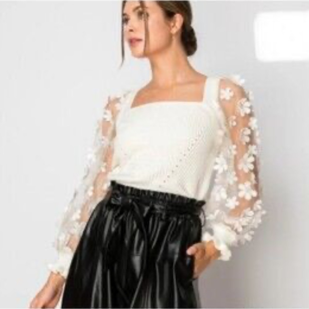 Sheer Floral Sleeve Knit Top - White